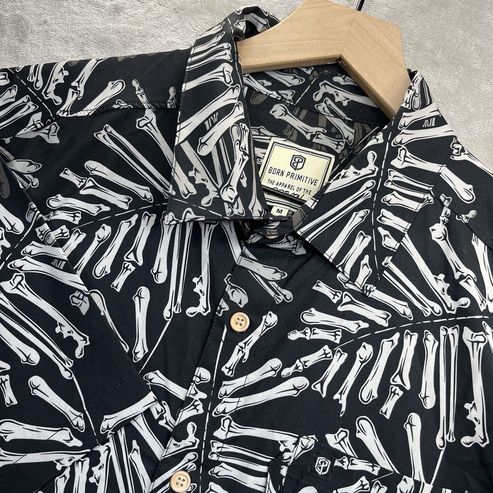 Born Primitive Shirt Mens M Black Skeleton Bone Short Sleeve Button Up Casual